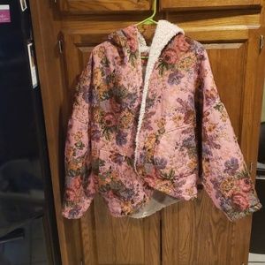 Floral, fleece-lined, hip length wrap coat